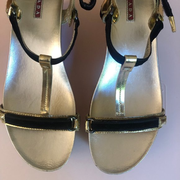 Prada Platform Sandals, Metallic Gold & Black - Picture 1 of 7